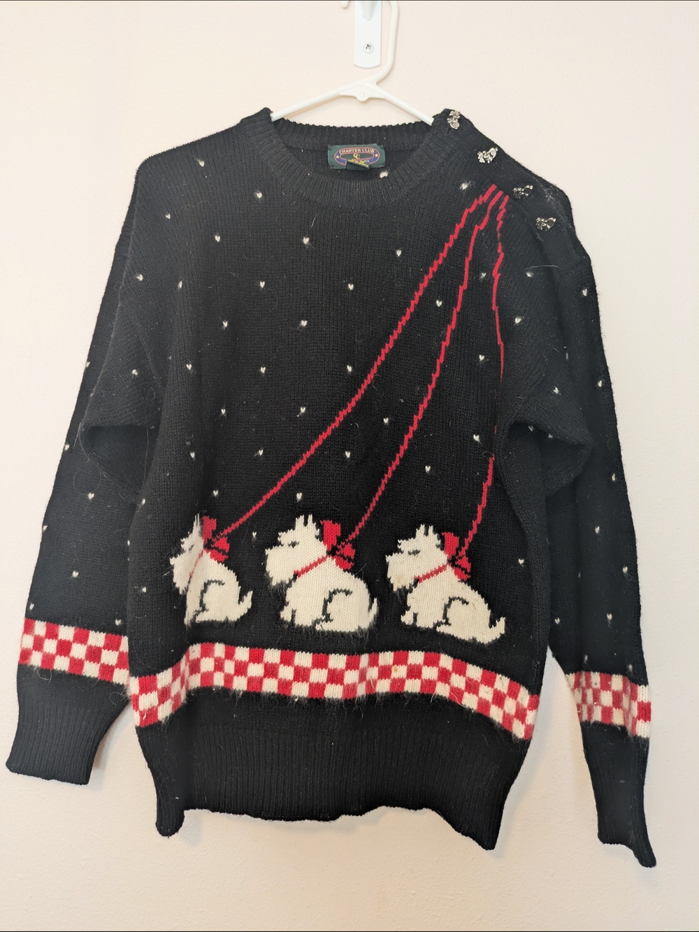 Charter Club Wool Dog Knit Sweater with Red Accents